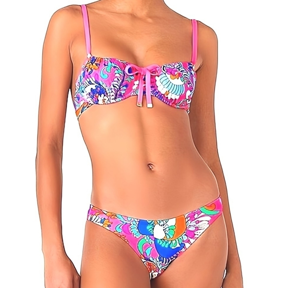 Kate Spade New York Printed Cinch Front Balconette Top Bikini Bottom Swimsuit S